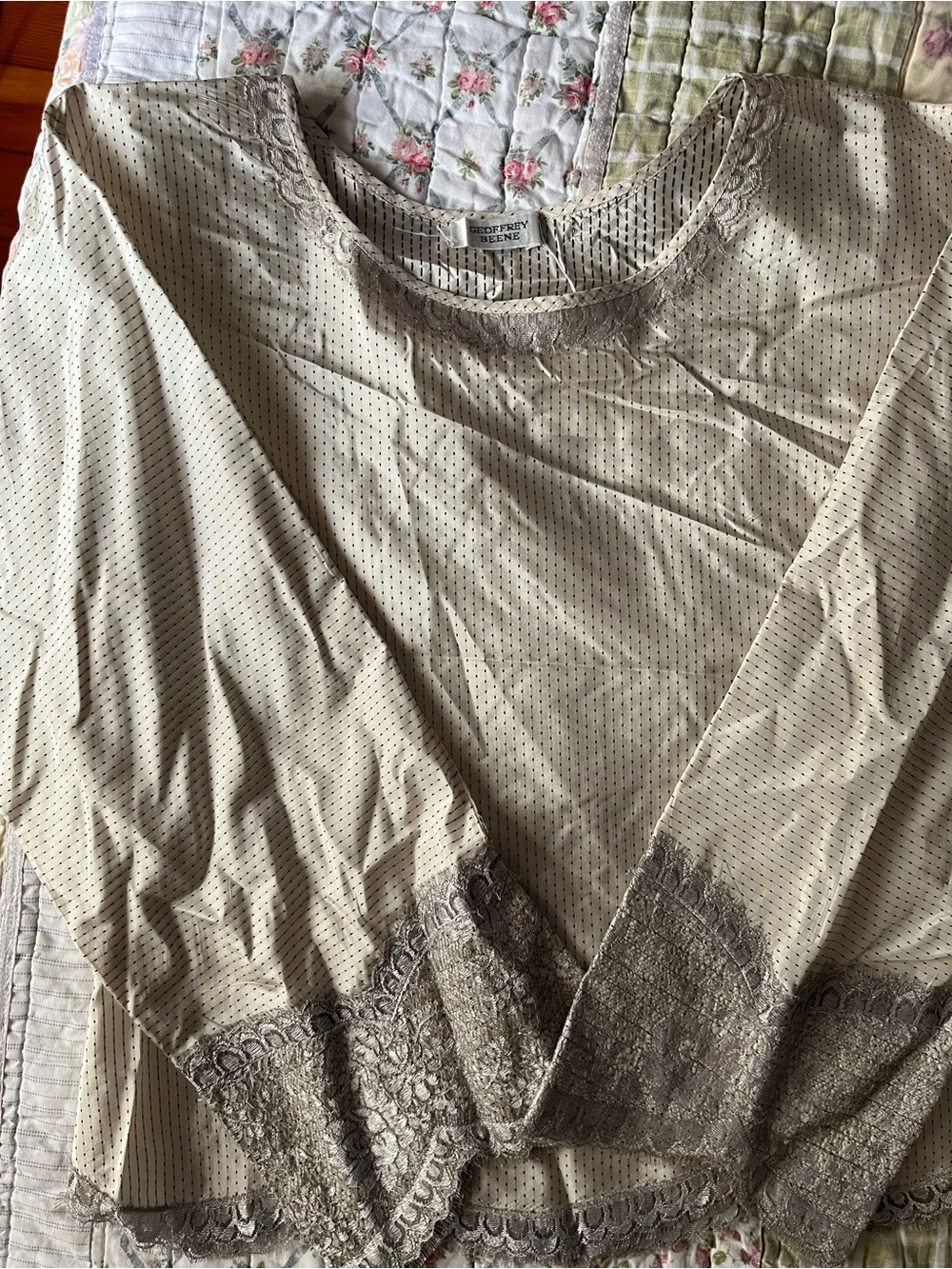 Geoffrey Beene Ivory Pinstripe Lace-Trim Top